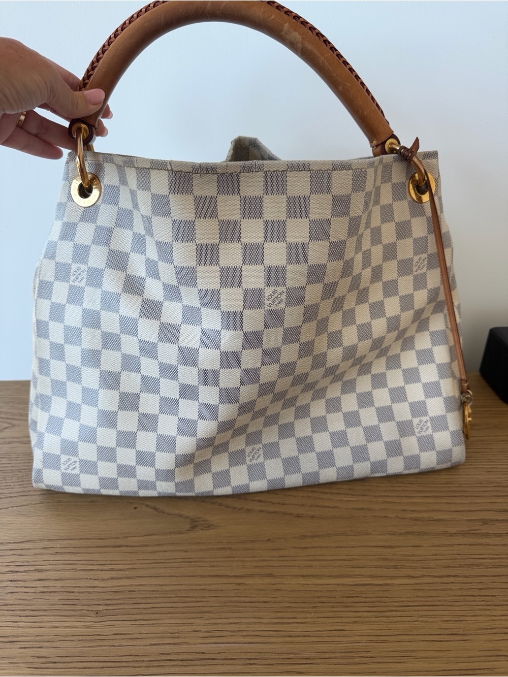 Cream Checkered Tote with Tan Leather Handle